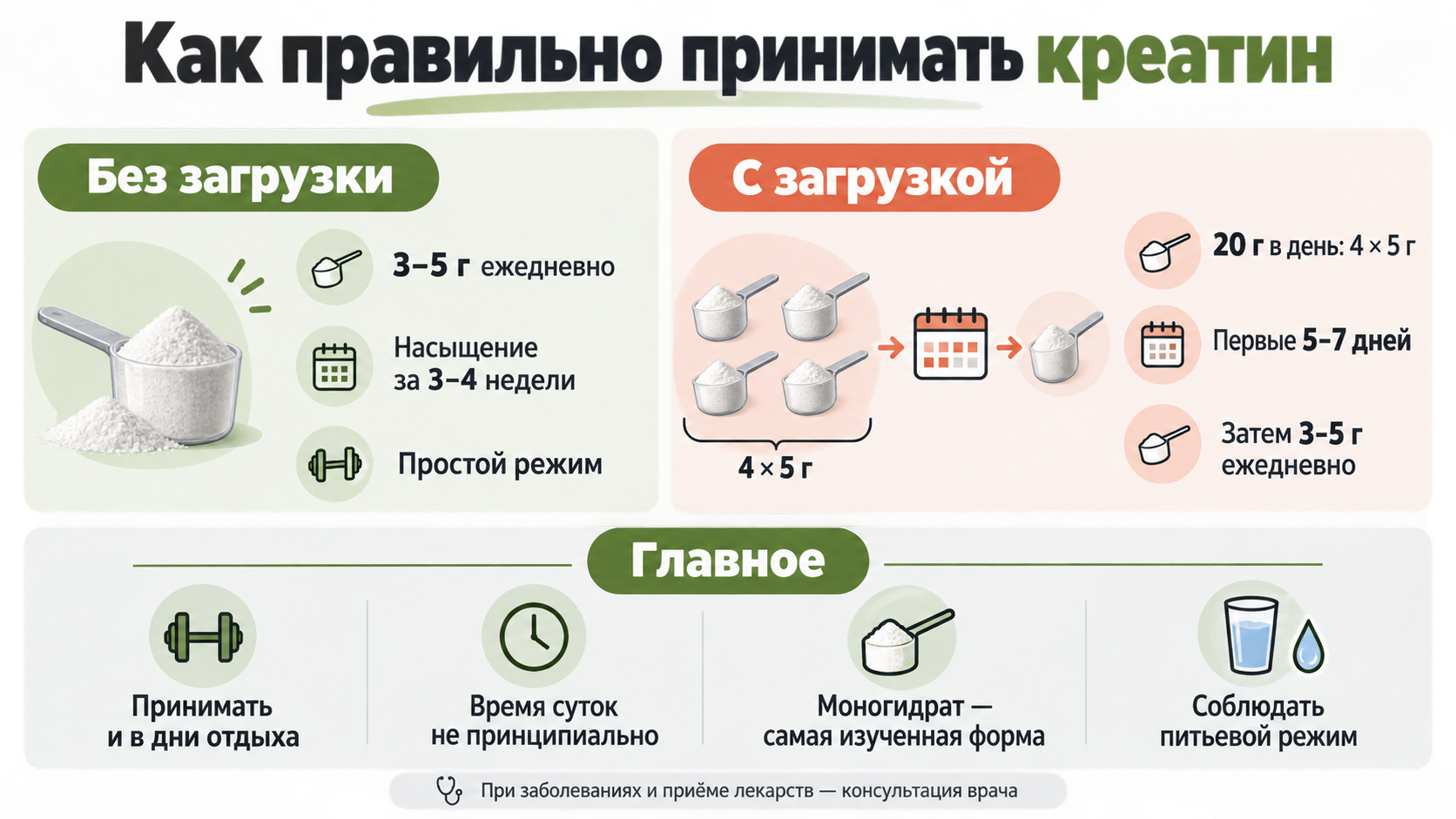 Как правильно принимать креатин — схема с загрузкой и без загрузки